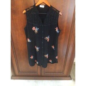 ASHA Women's Size M 100% Cotton Embroidered Floral Black Button-Down Tunic Dress